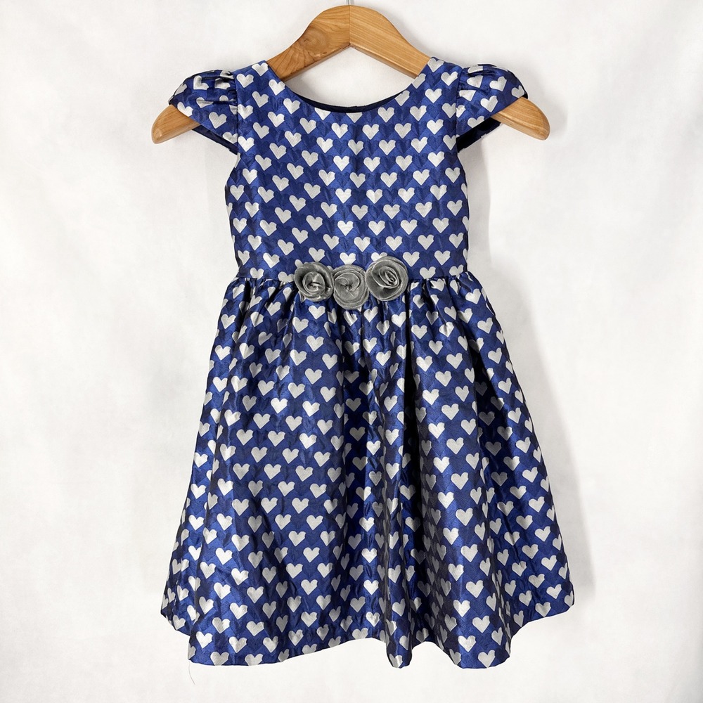 Frais Short Sleeve Jacquard Blue Silver Heart Pattern Formal Dress Girls Size 7